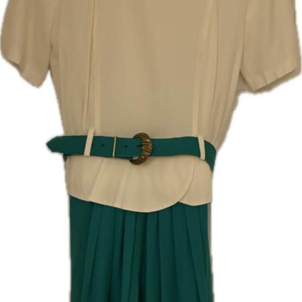 Vintage Stuart Alan Cream & Green Pleated Belted Dress with Peplum
